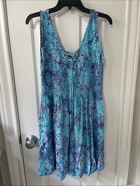 Bali Batiks Hand-Painted Blue-Turquoise Smocked Tank Dress